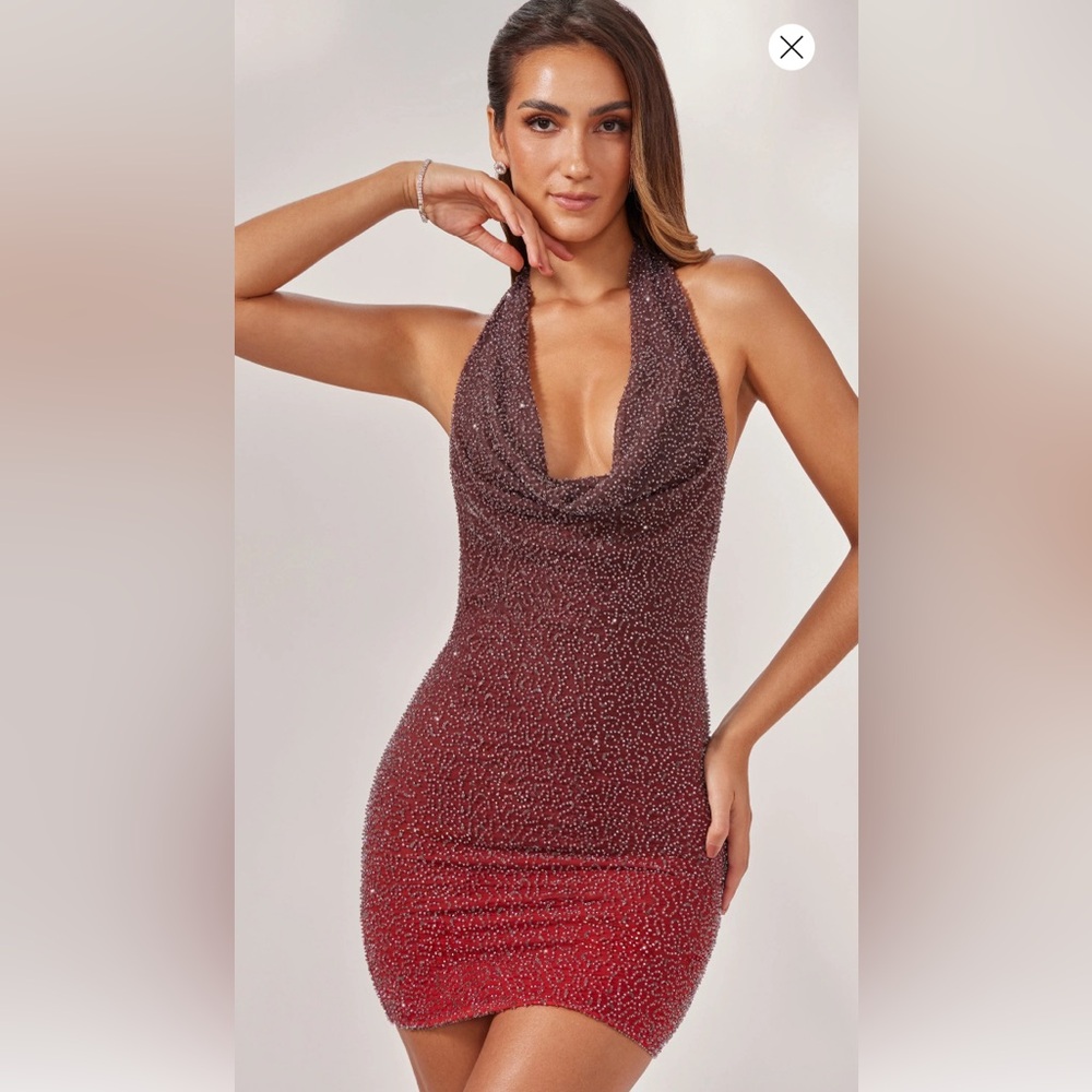 Oh Polly NAMUR Embellished Halter Neck Mini Dress in Red/Brown Ombré